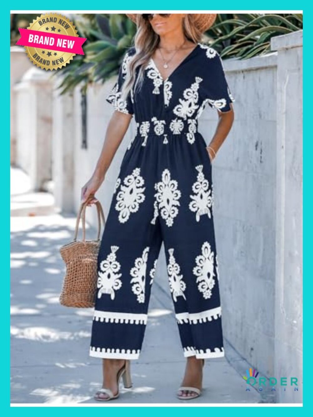 Boho Paisley Smocked Wide Leg Jumpsuit with Pockets - Picture 2 of 6